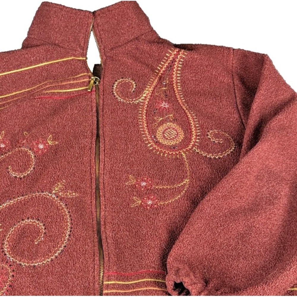 Vintage 90s Alfred Dunner Fleece Jacket Medium Red Paisley Embroidered Full Zip